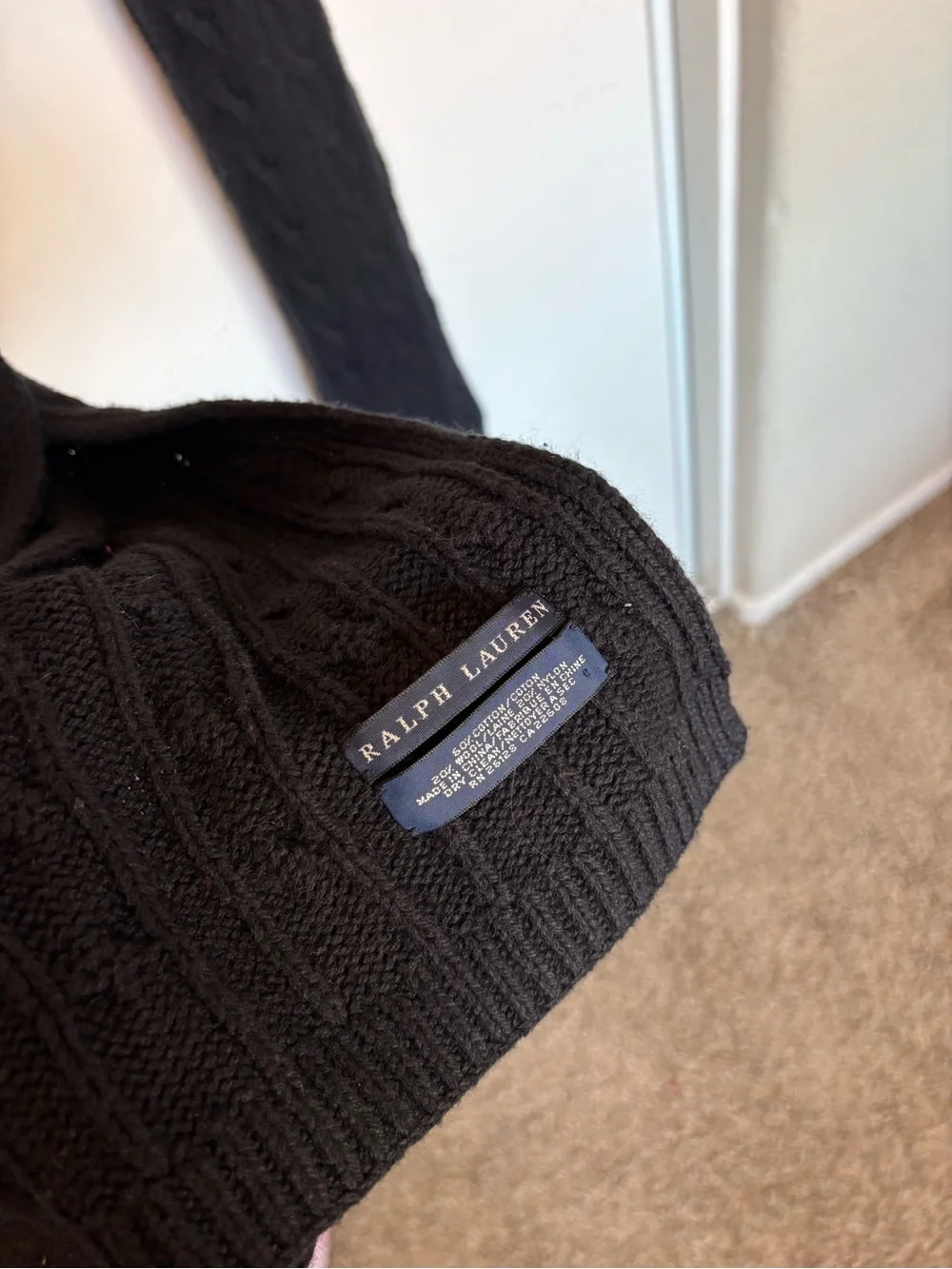 RALPH‎ LAUREN POLO MENS WOOL CABLE KNIT SCARF BLACK WITH RED LOGO